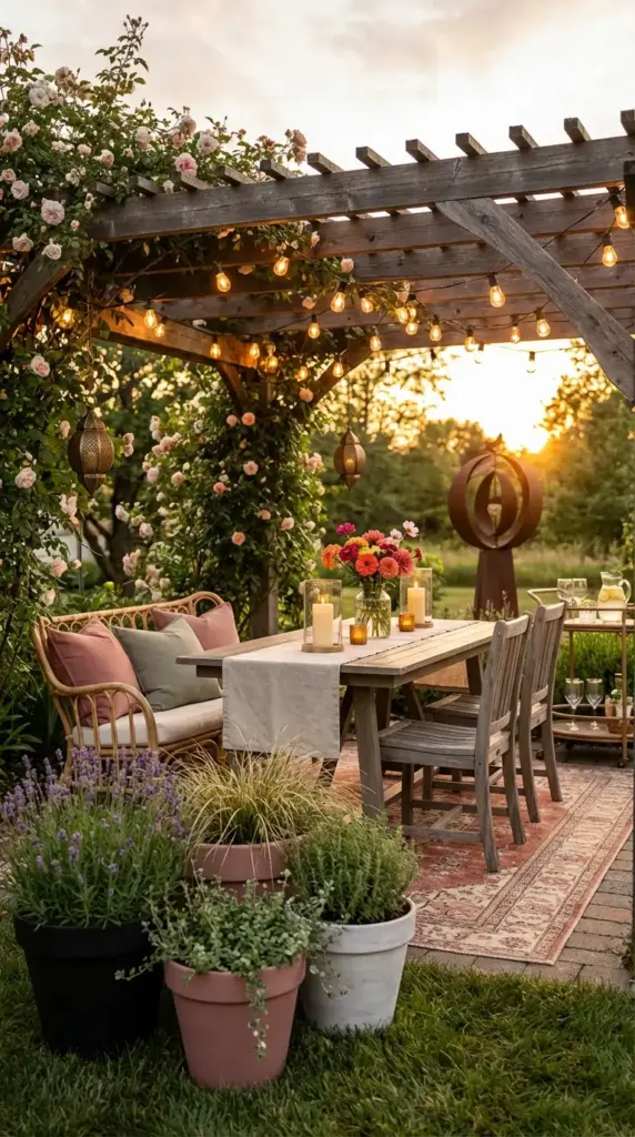 A romantic and inviting Backyard Layout featuring a rustic wooden dining table set under a pergola draped in climbing roses and glowing string lights, complete with a cozy wicker sofa, potted lavender, and a warm sunset view.