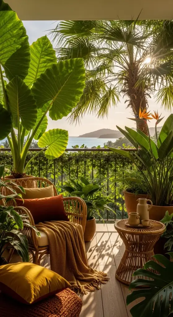 
Gemini ha dicho
A tropical balcony oasis featuring massive elephant ear plants, palms, and bird of paradise in large terracotta pots, offering lush and exotic Balcony Garden Ideas with a stunning ocean view.