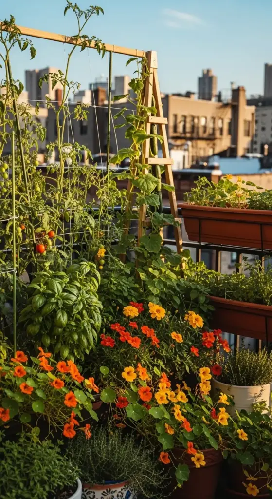 A thriving vertical garden on a city balcony featuring tomato plants and cucumbers climbing a wooden trellis, paired with fragrant basil and vibrant nasturtiums for space-saving Companion Planting.