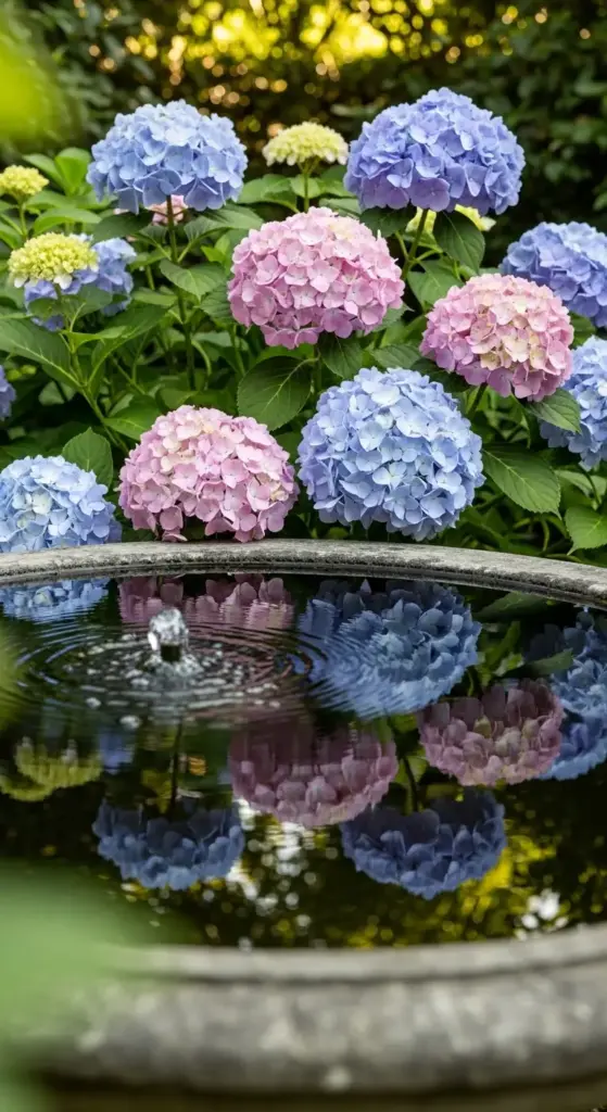 Vibrant blue and pink hydrangea blooms lushly framed above a stone-edged water feature, their colors beautifully mirrored in the rippling surface—showcasing elegant hydrangea landscaping ideas that integrate water elements for reflective depth, tranquility, and enhanced visual impact in garden design.