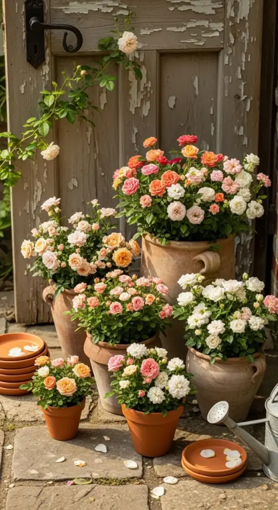 A collection of rustic terracotta pots in varying sizes filled with clusters of miniature roses in peach, coral, white, and pink, arranged against a weathered wooden door—perfectly capturing small-space Rose Garden Ideas.
