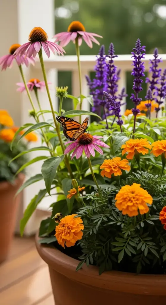 A Monarch butterfly resting on a vibrant pink coneflower (Echinacea) in a large terracotta pot, surrounded by bright orange marigolds and tall purple salvia—a wildlife-friendly addition to your Spring Porch Ideas.