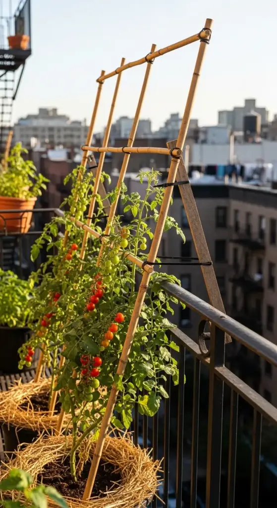 A wooden A-frame Tomato Trellis with rope netting supports lush vines bearing dark purple and green tomatoes, set in a rooftop garden at sunset with vibrant orange nasturtiums, a copper watering can resting on the structure, cozy cushioned seating, and a city skyline backdrop bathed in golden hour light.