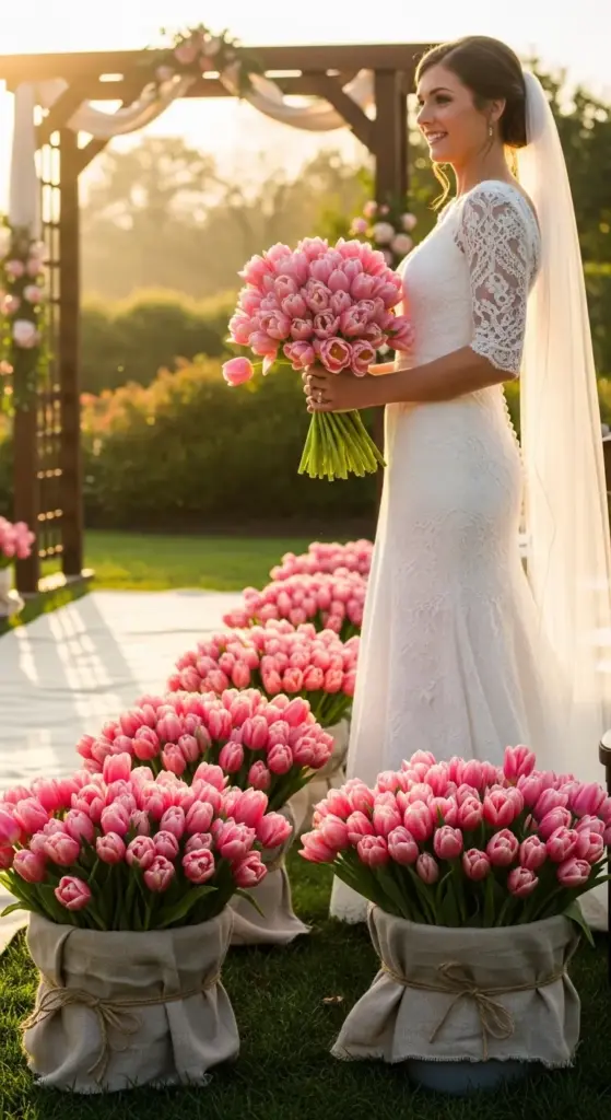 A bride in a lace wedding gown holds a large, dense bouquet of soft pink tulips, showcasing romantic Tulip Arrangement Ideas for a ceremony. The scene features a wedding aisle lined with several matching large planters wrapped in rustic burlap and tied with twine, each overflowing with identical pink tulips to create a cohesive and lush floral path toward a wooden garden arbor.