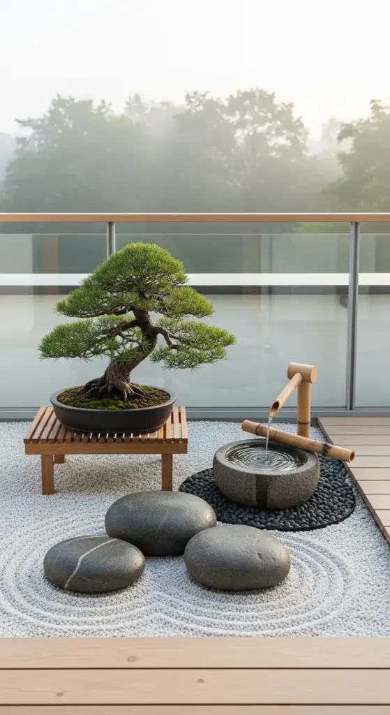 A serene Zen-style balcony featuring a meticulously pruned bonsai tree on a wooden stand, a bamboo water fountain, and smooth river stones on raked white gravel, offering peaceful and minimalist Balcony Garden Ideas.
