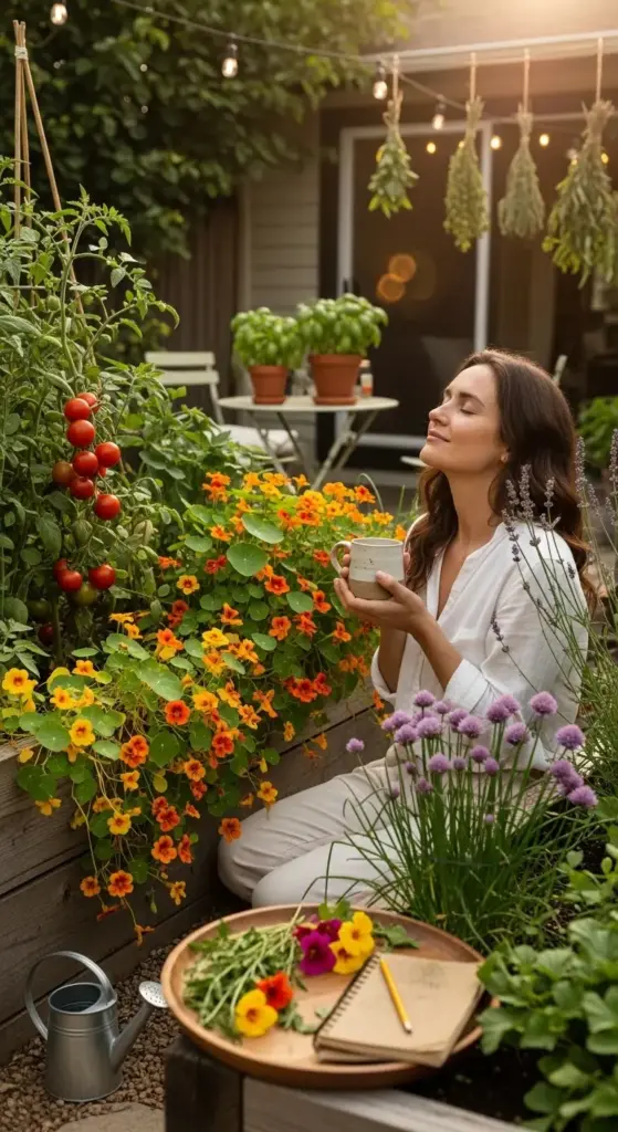 A woman enjoying a quiet moment with a mug in a lush garden featuring ripe tomatoes, vibrant orange nasturtiums, and fragrant lavender—a beautiful example of how Companion Planting creates a peaceful and productive sanctuary.