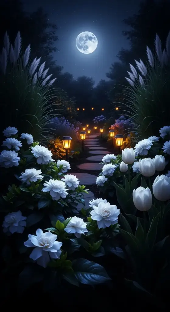 A magical nighttime garden featuring a stone path illuminated by warm lanterns, surrounded by white roses and tulips under a full moon—a breathtaking example of Dreamy Backyard Ideas.