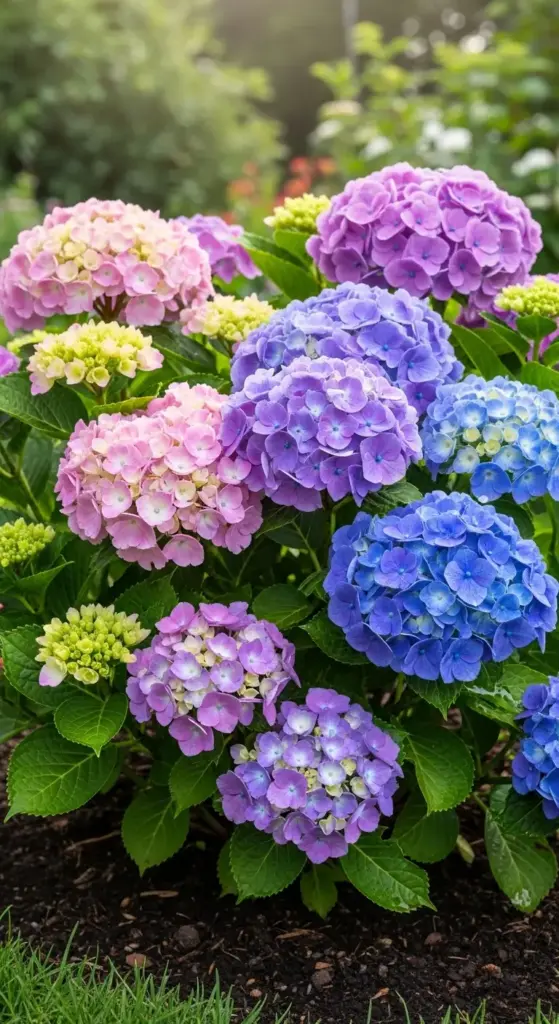 A vibrant cluster of hydrangeas in rich shades of pink, lavender, purple, and blue—interspersed with lime-green buds—thriving in rich, dark soil with lush green foliage, showcasing colorful, layered hydrangea landscaping ideas for creating a full, eye-catching floral focal point in garden beds.