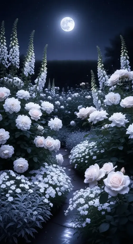 A serene white garden glowing under a full moon, featuring clusters of pale roses and tall white foxgloves lining a stone path—a magical and unique inspiration for nocturnal Rose Garden Ideas.