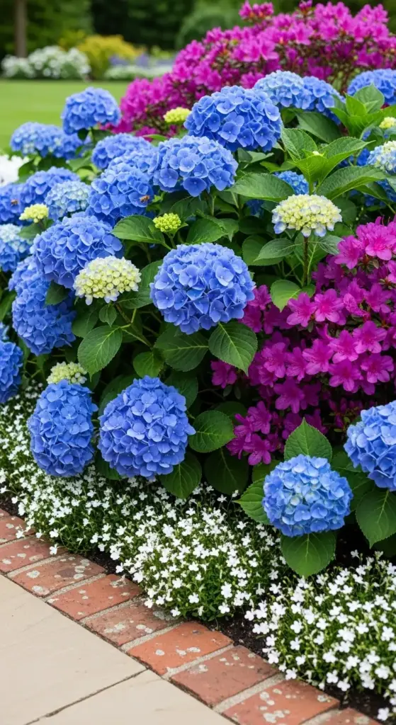 Adjust soil pH to encourage striking blue blooms in a dedicated acidic soil patch. The cool tones contrast beautifully against warm brick or stone hardscaping.