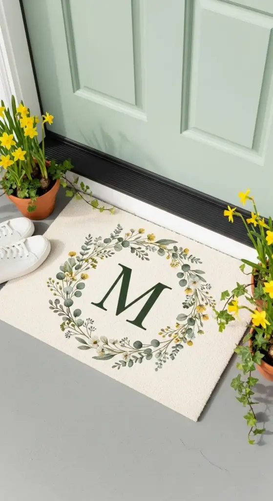 A high-angle view of a sage-green front door entryway featuring a cream-colored doormat with a dark green "M" monogram surrounded by a delicate eucalyptus and wildflower wreath, flanked by terracotta pots of bright yellow daffodils—a simple yet elegant addition to your Spring Porch Ideas.