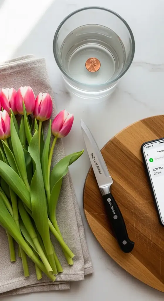 In this final image, Tulip Arrangement Ideas focus on the preparation ritual for a long-lasting display. A flat-lay view shows a bunch of fresh pink and white tulips resting on a linen cloth next to a wooden cutting board and a paring knife. Above them sits a clear glass of water with a copper penny at the bottom, highlighting the popular "penny hack" used to keep stems strong and upright.
