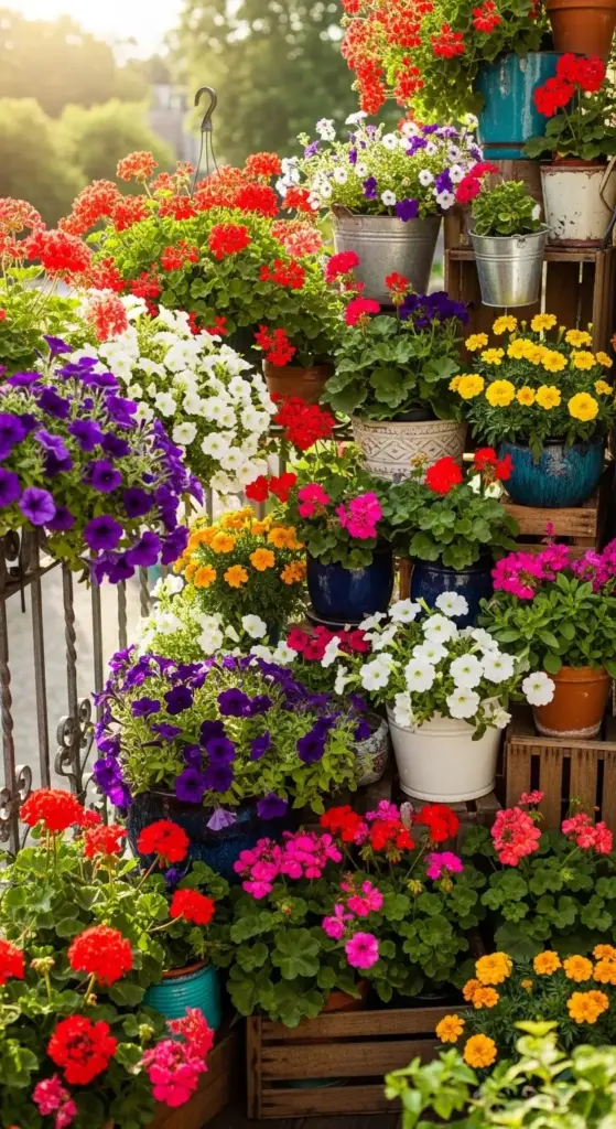 A vibrant explosion of colorful flowers, including purple petunias, red geraniums, and yellow marigolds, overflowing from tiered wooden crates and metal buckets on a sun-drenched terrace, providing maximalist Balcony Garden Ideas.