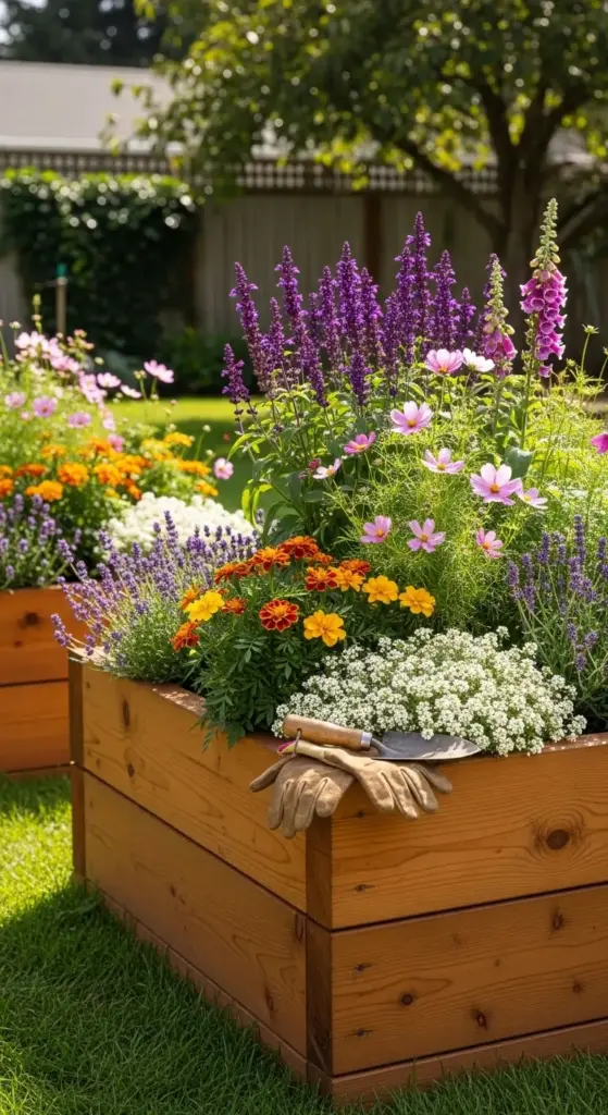 A lush wooden raised garden bed overflowing with purple salvia, pink cosmos, and orange marigolds, featuring a hand trowel and gardening gloves—a practical and colorful addition to your Dreamy Backyard Ideas.