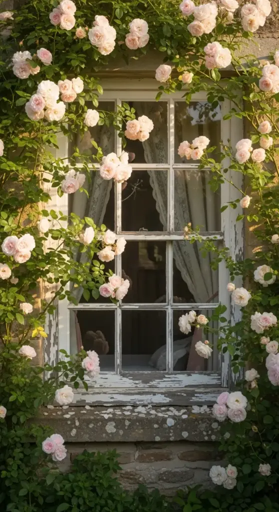 A weathered white cottage window framed by soft pink climbing roses in full bloom, with delicate lace curtains visible inside—a quintessential and charming inspiration for Rose Garden Ideas.