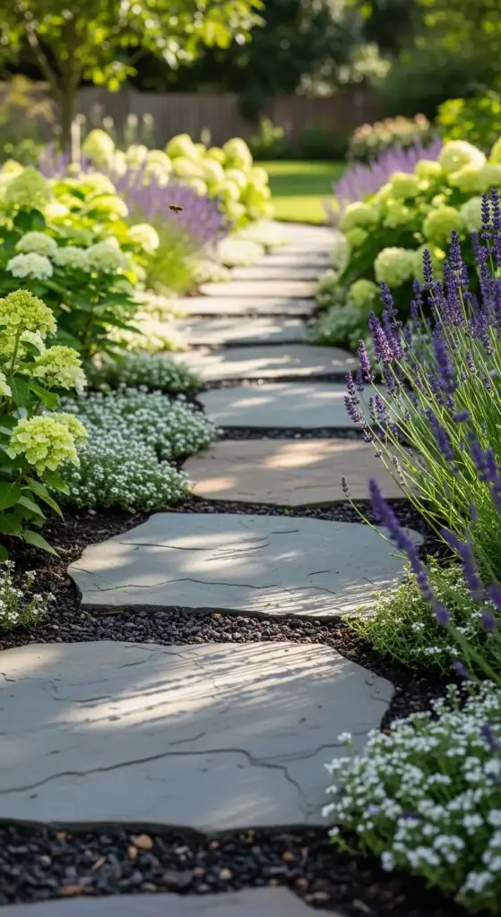Flank your stepping stones with low-growing hydrangea varieties to define the walkway. This ensures visitors stay on the path while enjoying close-up views of the flowers.