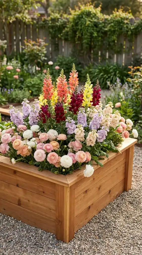 A wooden raised planter overflowing with a dense, colorful arrangement of tall, spiked snapdragons in shades of peach, yellow, and burgundy, surrounded by a lush collar of soft pink and white ranunculus—a stunning focal point for a Spring Flower Garden.