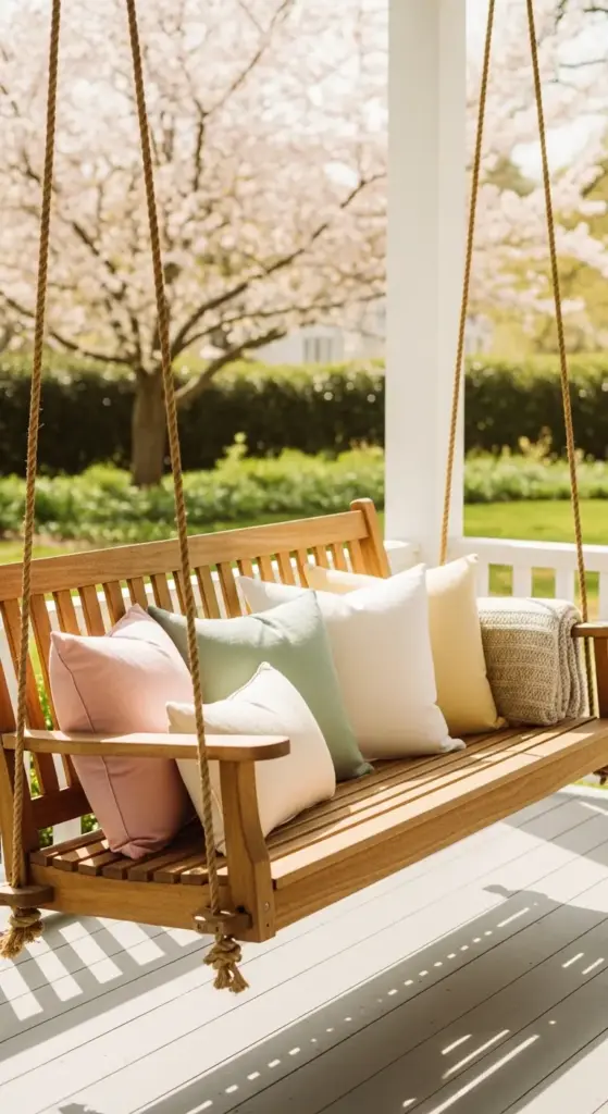 A sturdy natural wood porch swing suspended by thick ropes, featuring an array of soft pastel pillows in pink, sage green, cream, and yellow, set against a backdrop of a blossoming cherry tree—a peaceful and classic example of Spring Porch Ideas.