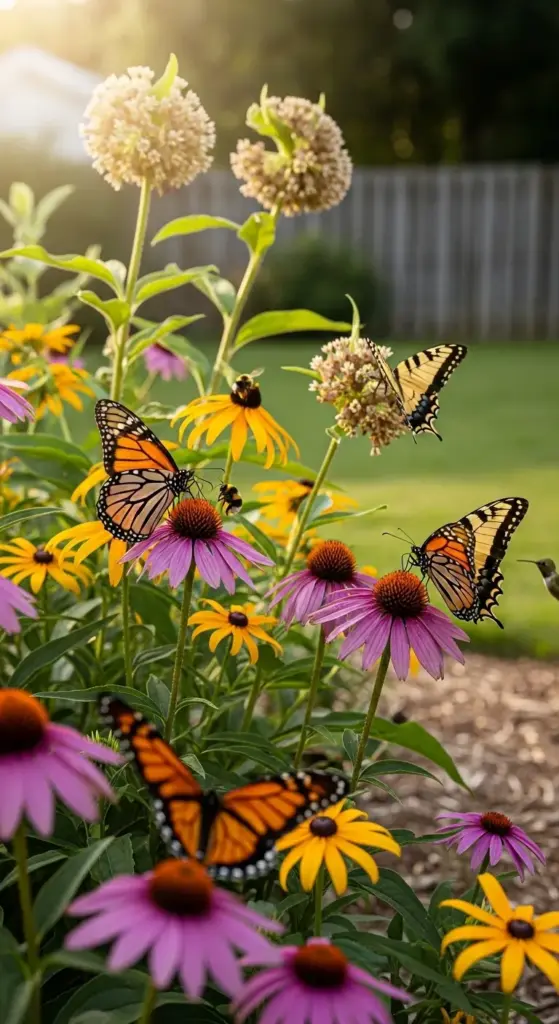 A vibrant garden scene with Monarch and Swallowtail butterflies resting on purple coneflowers and yellow black-eyed Susans, showcasing nature-filled Dreamy Backyard Ideas.