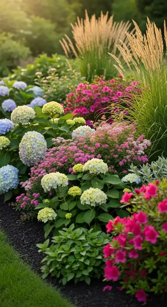 A vibrant mixed-border garden featuring hydrangeas in soft blues, greens, and pinks layered with magenta azaleas, pink spirea, and golden ornamental grasses—set against dark mulch and a lush lawn—showcasing sophisticated hydrangea landscaping ideas that emphasize texture, color harmony, and seasonal interest through strategic plant pairing and depth.