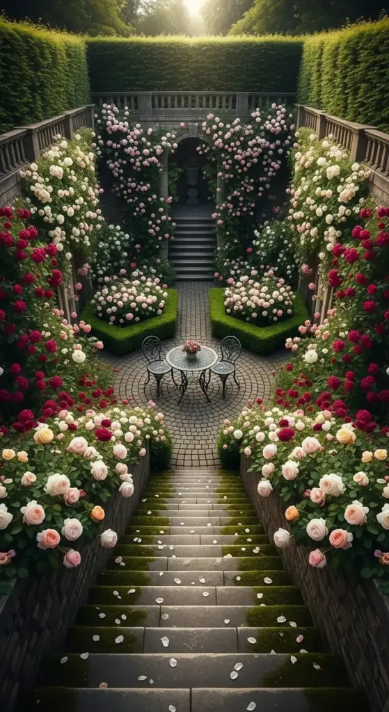 A breathtaking aerial view looking down a mossy stone staircase into a symmetrical sunken garden, featuring a central wrought-iron bistro set surrounded by tiered stone walls overflowing with lush pink, white, and red roses—an exquisite inspiration for high-end Rose Garden Ideas.