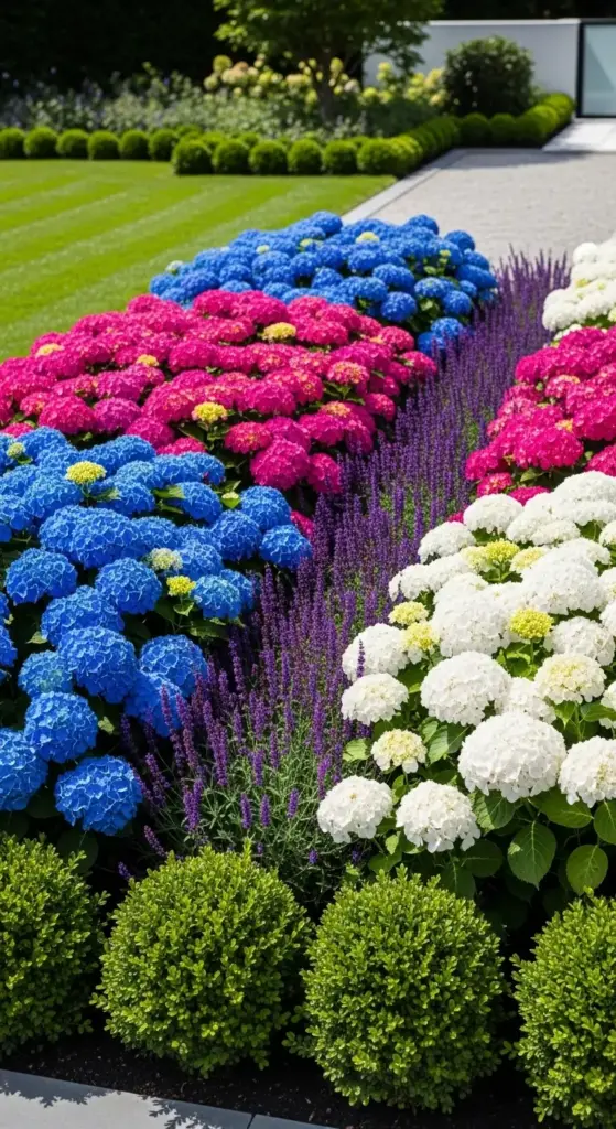 Group different colored hydrangeas together in large blocks for a bold visual impact. This color blocking technique creates a modern twist on traditional cottage styles.
