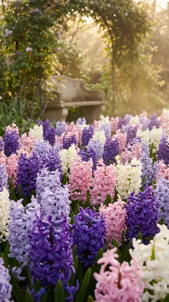 A serene golden hour scene in a Spring Flower Garden featuring a dense, colorful carpet of purple, pink, and white hyacinths in full bloom, leading the eye toward a weathered stone bench tucked under a lush green garden archway.