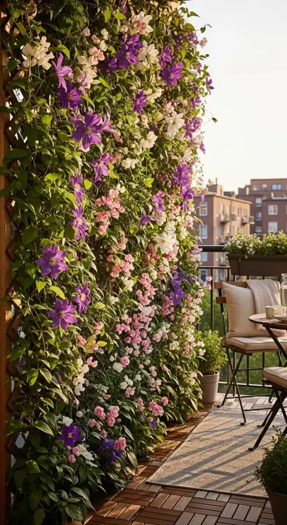 A vibrant wooden trellis covered in climbing purple clematis and pink sweet peas, creating a living floral wall as part of these vertical Balcony Garden Ideas.