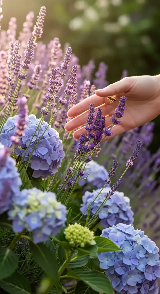 A hand gently reaches toward lavender spikes with a visiting bee, while soft blue and pale green hydrangea blooms nestle nearby in a sun-dappled garden—highlighting pollinator-friendly hydrangea landscaping ideas that combine hydrangeas with aromatic herbs like lavender to create a serene, ecologically supportive floral border.