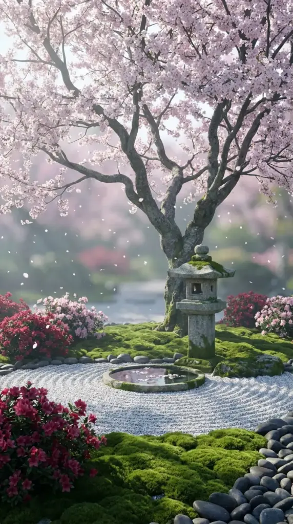 A serene Japanese-inspired Spring Flower Garden featuring a majestic cherry blossom tree in full bloom shedding petals over a raked white gravel Zen garden, complete with a moss-covered stone lantern, a small reflection pool, and vibrant pink azalea bushes.
