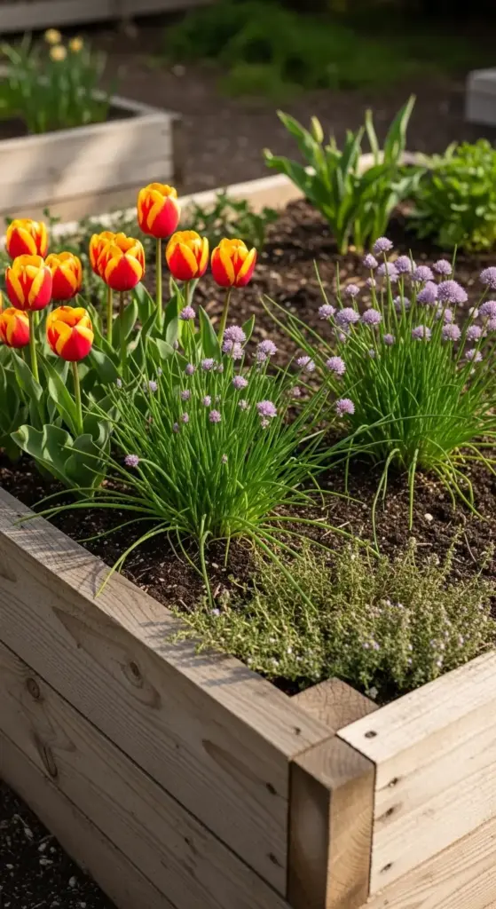 Nestle tulips among culinary herbs like chives or thyme in raised beds (keeping bulbs away from harvest zones). Their bold colors frame functional spaces while reminding us beauty and utility coexist.