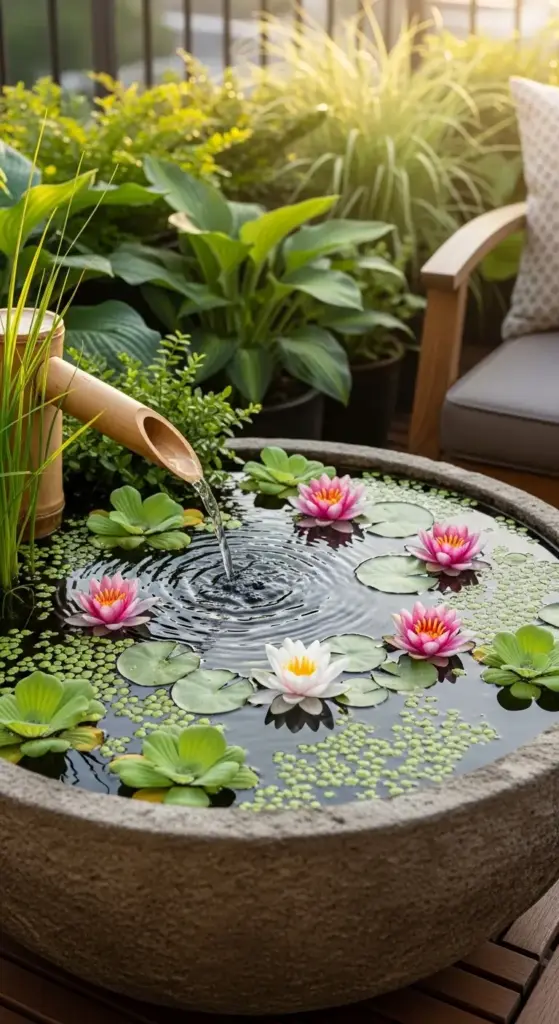 A serene stone water basin on a wooden deck featuring blooming pink and white water lilies and a bamboo fountain, offering tranquil and aquatic Balcony Garden Ideas.