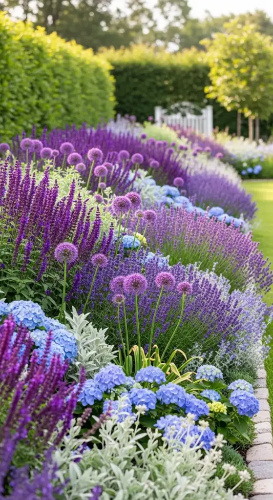 A vibrant landscape border featuring layers of purple salvia, round allium globes, lavender, and blue hydrangeas, offering colorful and layered Dreamy Backyard Ideas.