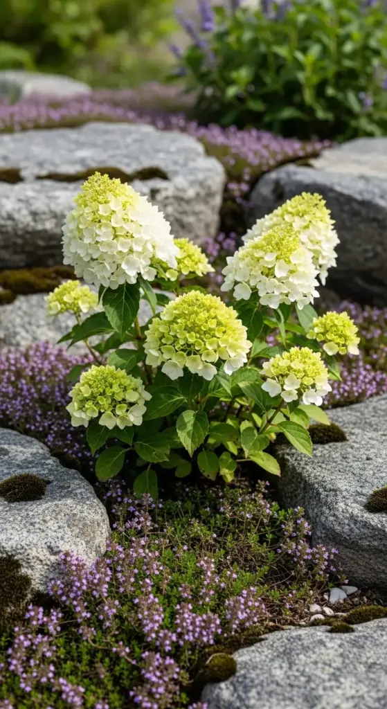 A delicate cluster of pale green-and-white panicle hydrangeas thriving in a rock garden, nestled among mossy gray stones and low-growing purple thyme—showcasing drought-tolerant, textured hydrangea landscaping ideas that integrate hardy shrubs with groundcover and hardscape for a naturalistic, low-maintenance garden design.