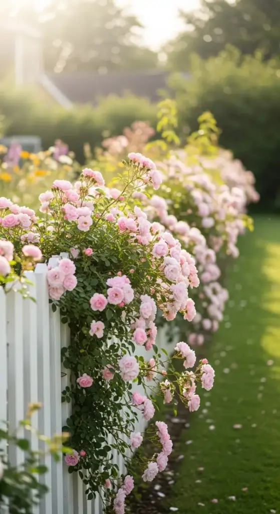 A sun-drenched white picket fence overflowing with soft pink climbing roses that trail down toward a lush green lawn, offering a timeless and charming inspiration for Rose Garden Ideas.