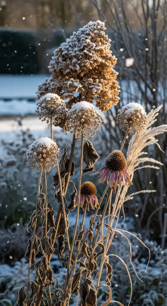 Leave spent blooms on the stems during winter to provide structural interest. The dried flowers catch frost and snow, maintaining beauty even in dormancy.