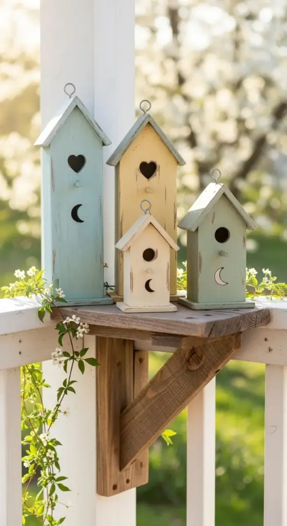 A cluster of four rustic, tall wooden birdhouses in soft pastel shades of blue, yellow, and cream, featuring heart and moon cutouts, displayed on a wooden corner shelf of a white porch—a whimsical and decorative choice for Spring Porch Ideas.