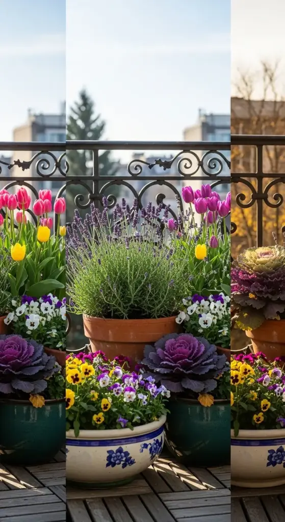 A vertical collage of three scenes featuring seasonal Balcony Garden Ideas, including vibrant pink tulips, fragrant lavender, and purple ornamental kale in decorative ceramic pots on a sunny terrace.