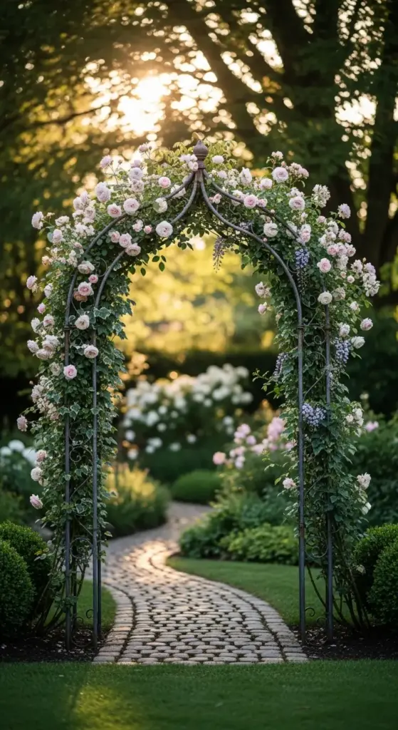 A beautiful wrought iron garden arch covered in climbing pale pink roses, framing a winding cobblestone path that glows in the evening sun—a perfect inspiration for Dreamy Backyard Ideas.