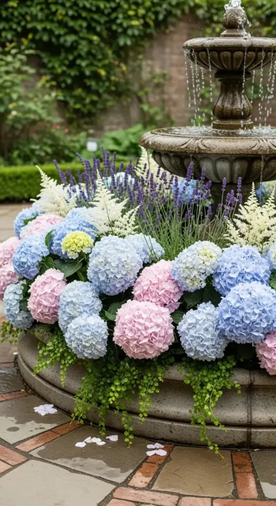 Circle a central water feature with hydrangeas to soften the hard edges of the fountain. The sound of water complements the visual softness of the surrounding petals.