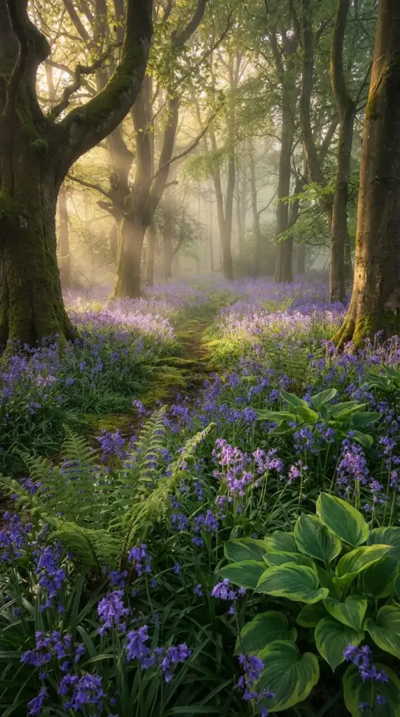 A dreamlike scene in a Spring Flower Garden featuring a narrow dirt path winding through a misty ancient woodland, carpeted entirely in vibrant purple bluebells and lush green ferns under a canopy of moss-covered trees as morning sunlight filters through the haze.