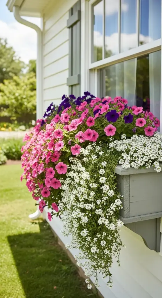 A lush gray window box overflowing with a vibrant mix of bright pink and deep purple petunias paired with trailing white alyssum, mounted beneath a window with sage-green shutters—a classic and high-impact choice for Spring Porch Ideas.