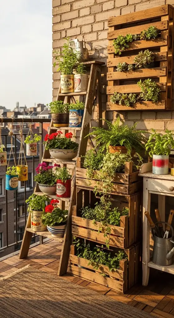 A rustic urban balcony utilizing vertical space with a wooden ladder shelf, hanging tin cans, and a pallet planter filled with succulents and flowers, providing creative and recycled Balcony Garden Ideas.