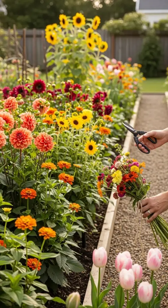A person using shears to harvest a vibrant bouquet of orange dahlias, zinnias, and sunflowers from a long garden border—a rewarding example of functional Dreamy Backyard Ideas.