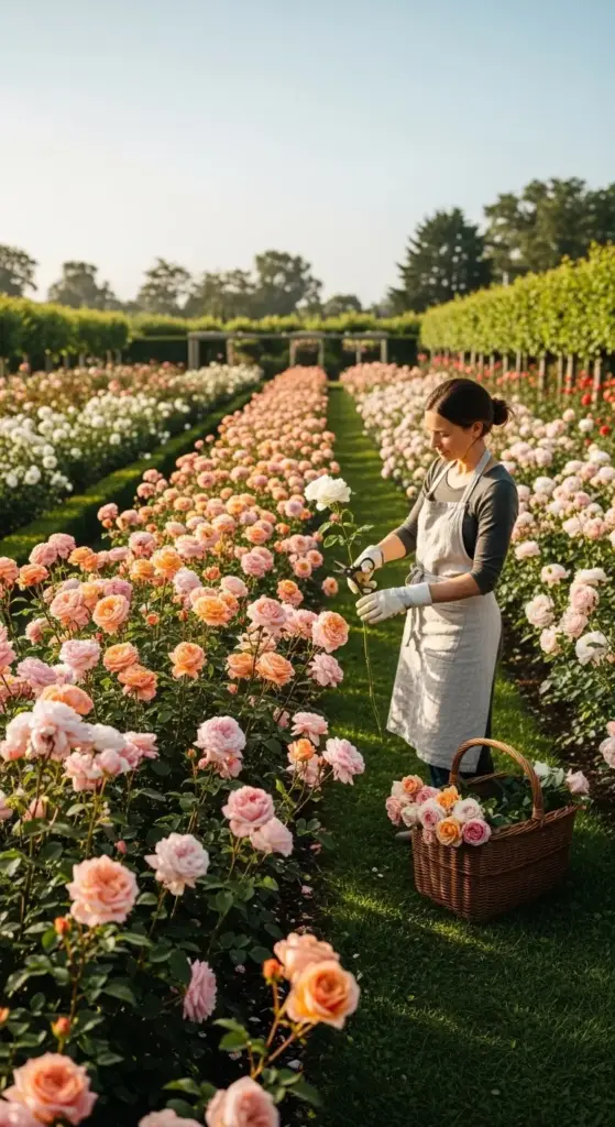 A woman in a grey apron and gardening gloves carefully harvesting long-stemmed peach roses into a large wicker basket in a commercial-style garden with endless rows of blooms—a practical and inspiring look at large-scale Rose Garden Ideas.
