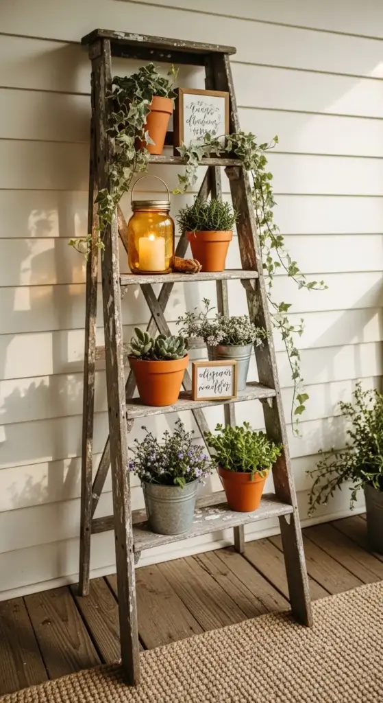 A weathered wooden ladder repurposed as a plant stand on a porch, featuring terracotta pots of succulents and ivy, a glowing candle in an amber glass jar, and small framed botanical art—a creative and rustic approach to Spring Porch Ideas.