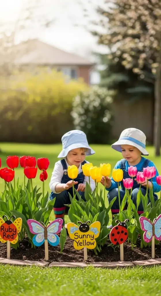 Create a small, accessible tulip circle with bright, sturdy varieties for little hands to observe and admire. Add whimsical markers with painted names to spark curiosity about growth cycles and colors.
