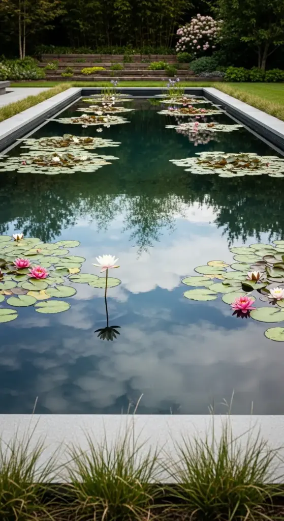 A long, rectangular formal pond filled with blooming pink and white water lilies, reflecting a blue sky with white clouds—an elegant and serene choice for Dreamy Backyard Ideas.