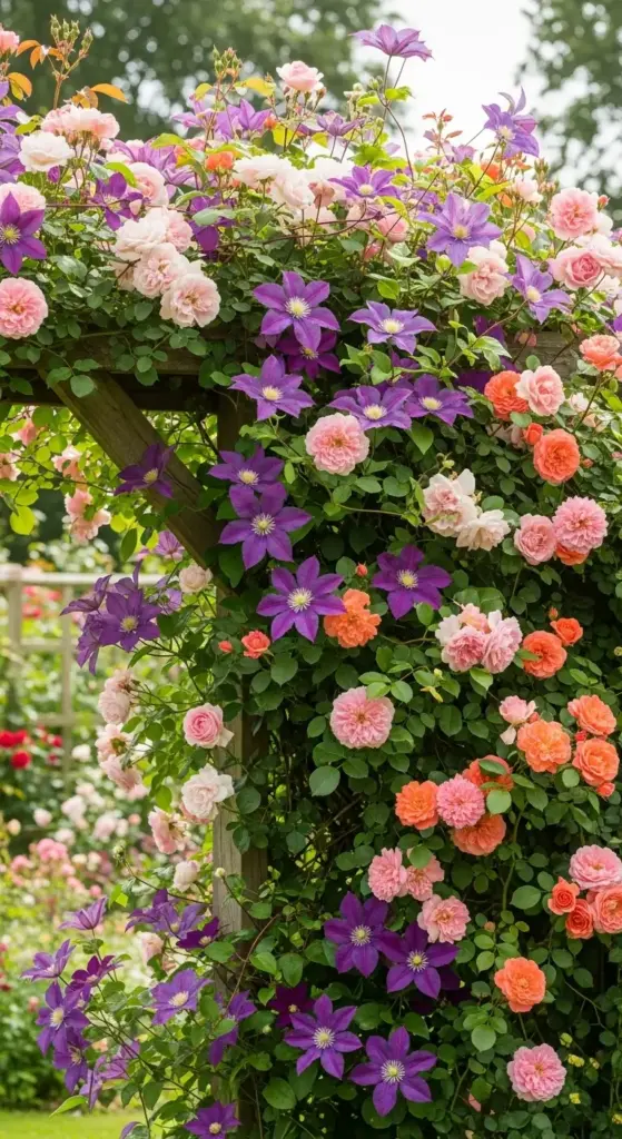 A lush wooden garden structure overflowing with a vibrant combination of soft pink and peach roses intertwined with deep purple clematis flowers—a stunning and colorful inspiration for vertical Rose Garden Ideas.