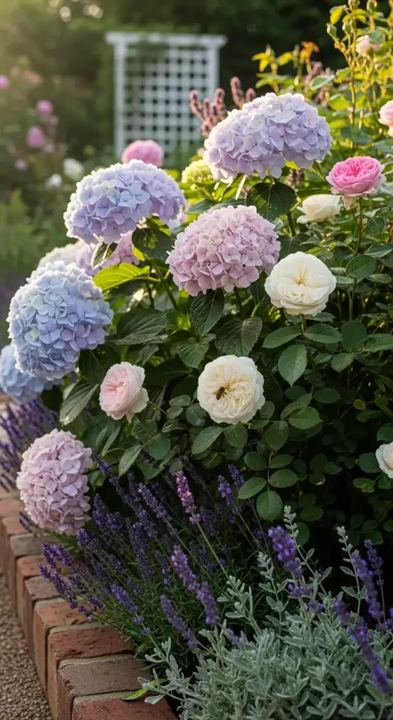 Interplant hydrangeas with classic roses to create a timeless romantic pairing. The combination of textures creates a sophisticated and highly fragrant garden layer.